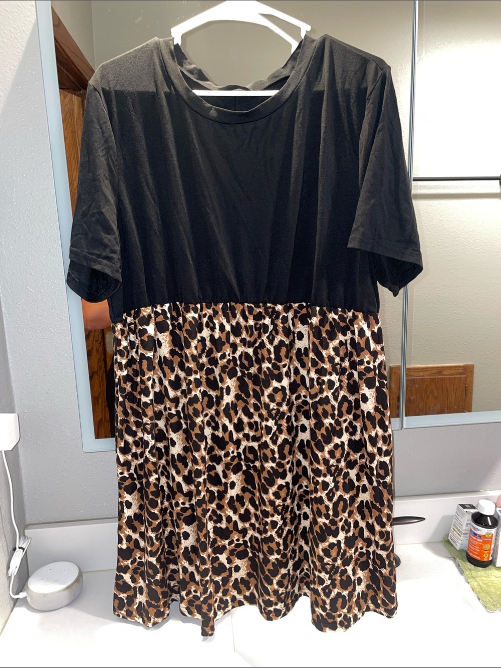 Woman’s Plus Size Black Top with Leopard Print Skirt Dress